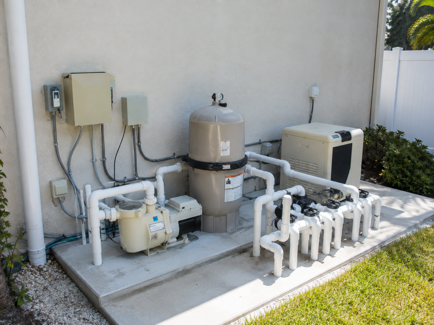 Wide shot of a pool equipment pad showing pump, filter, heater, and automation panels — example of how to photograph your equipment