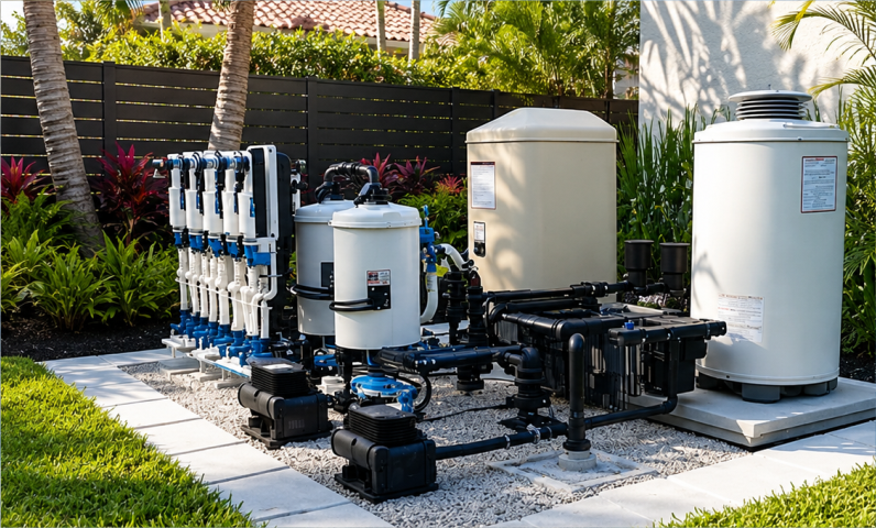Pool equipment pad with pumps, filter, and heating equipment beside a swimming pool by AquaPrime